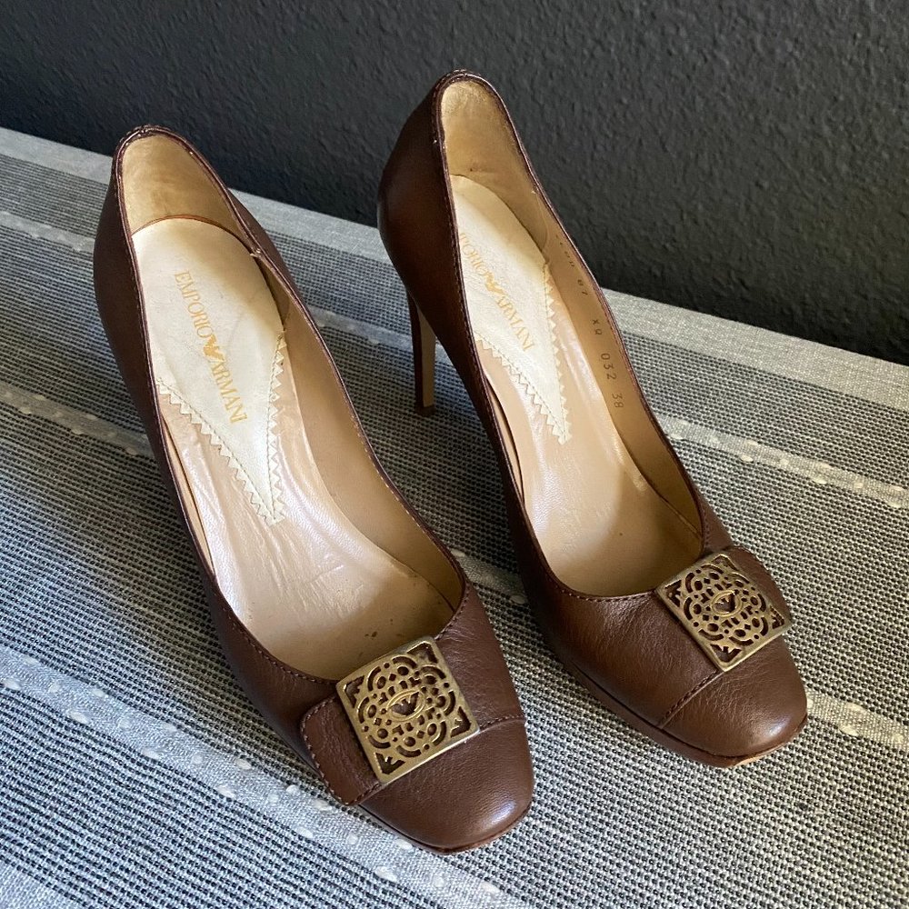 Giorgio Armani Brown & Gold Leather Heels, Size 7.5